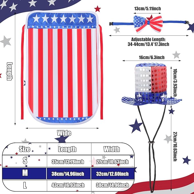 JaGely 3 Pcs 4th of July Dog Outfit Independence Day Costume Set Includes Dog Top Hat, American Flag Bow Tie Collar and Cape Patriotic Pet Cats Puppy Clothes(M,Fashion)