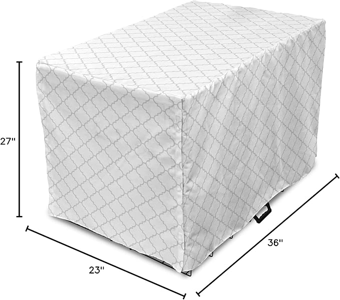 Lunarable Grey Dog Crate Cover, Moroccan Traditional Trellis Pattern Simple Geometric Monochrome Tile, Easy to Use Pet Kennel Cover for Medium Large Dogs, 36 Inch, White Grey