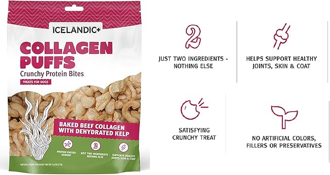 Icelandic+ Collagen Puffs: Baked Beef Collagen W/Dehydrated Kelp 2.5oz - Treats for Med-Lg Dogs, Crunchy Protein Bites