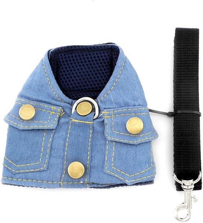 SMALLLEE_LUCKY_STORE Small Dog Cat Denim Jacket Vest with D-Ring Puppy Harness and Leash Set Escape Proof No Choke Soft Mesh Padded,Light Blue S