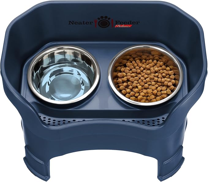 Neater Feeder Deluxe Mess Proof Dog Bowls Elevated for Large Dogs – Made in USA – No Spill Raised Dog Food Bowl Stand w/Leg Extensions – Stainless Steel Dog Food and Water Bowl Set – Dark Blue