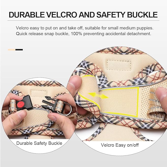 Mercano Soft Mesh Dog Harness and Leash Set, No-Chock Step-in Reflective Breathable Lightweight Easy Walk Escape Proof Vest Harnesses with Safety Buckle for Small Medium Dogs, Cats (Beige, L)