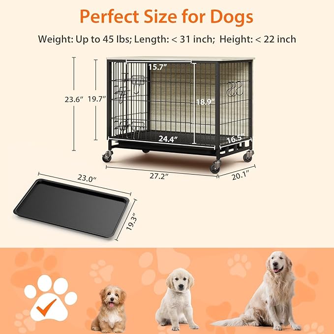 Small Dog Crate Furniture, 27.2" L x 20.1" W x 23.6" H,Indoor Pet Crate with Double Doors, Removable Tray and 360° Wheels, Wooden Countertop Dog Kennel, Gray+Black