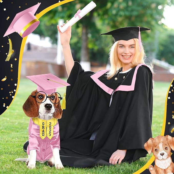 5 Pcs Dog Graduation Costume Set Include 2025 Pet Graduation Gown with Stole Puppy Grad Cap Lensless Glasses DIY Letter Stickers for Dogs Cats Holiday Costume Accessory(Pink Yellow,S)