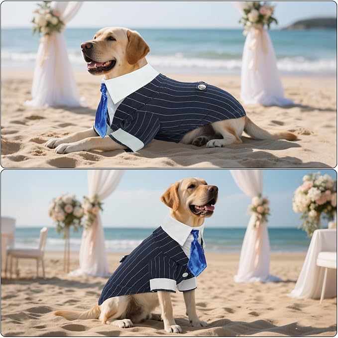 DENTRUN Navy Blue Dog Tuxedo - Formal Pinstripe Pet Suit Shirt with Satin Tie, Elegant Wedding Outfit Birthday Party Attire for Golden Retriever Husky Border Collie Large Dogs (Polyester), XXL