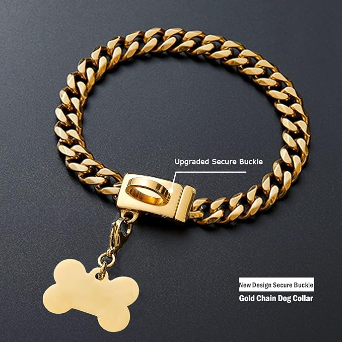 Gold Dog Chain Collar,18K Gold Plated Stainless Steel Cuban Link Chain Necklace Collar for Small,Medium Dogs(Length - 14'')