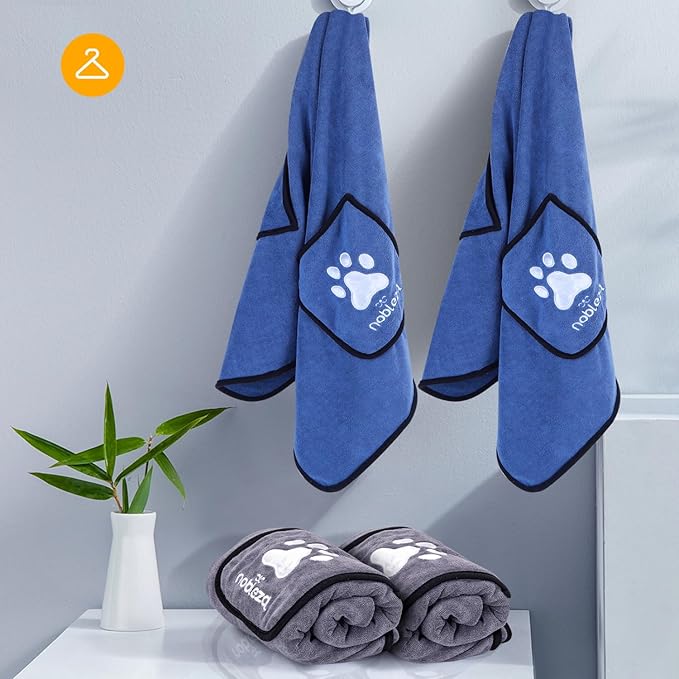 Nobleza Super Absorbent Large Dog Towels - Soft Microfiber Quick Drying Dog & Cat Bath Towel with Hand Pockets (Mazarine, 2 Pack)