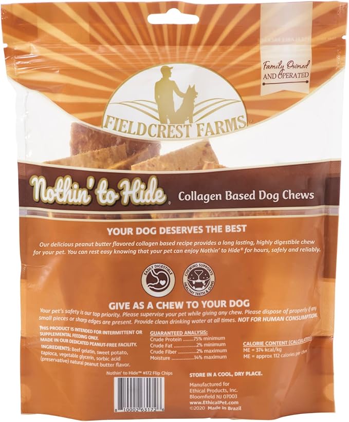 Fieldcrest Farms Nothin to Hide Flip Chips Dog Chews - All Natural Rawhide Alternative Treats for Dogs, Chicken, Beef or Peanut Butter Flavor Snack for All Breed Dogs - 3 Pack (Peanut Butter)