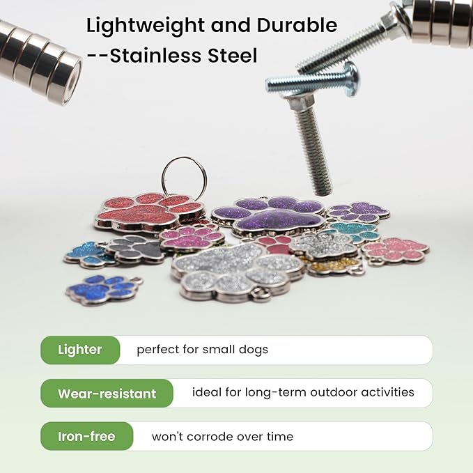 72 Pcs Dog Tags Personalized for Pets Glitter Paw Print Stainless Steel Dog Tag Cute Dog Name Tag Bulk Dog Tags Cat Tags for Wholesale (12 Colors)
