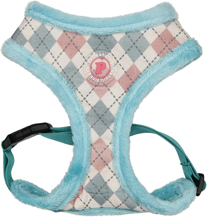 Pinkaholic New York Annika Dog Harness Over-The-Head Warm Winter Argyle Pattern Adjustable Chest for Small Dog, Aqua, Large