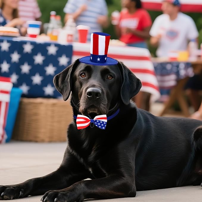 4th of July Dog Outfit, Patriotic Dog Top Hat and Bow Tie Collar Set, Pet Independence Day Costume Accessories for Dogs Cats Puppy