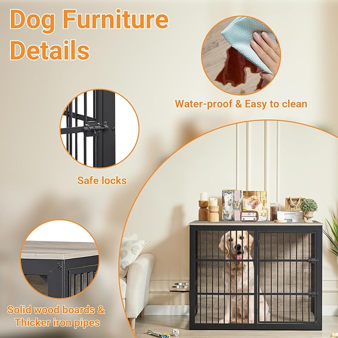 Dog Crate Furniture, 48 Inch Dog Kennel Furniture, Wooden 𝐃og Crate Furniture Large Breed with Rotating 𝘋og Bowls, Heavy Duty 𝗗og Cage Furniture Indoor,Decorative Dogs Crates End Table,Gray