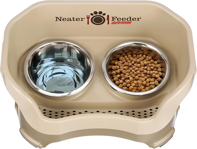 Neater Feeder Deluxe Mess Proof Dog Bowls Elevated Medium Sized Dog Breed – Made in USA – No Spill Raised Dog Food Bowl Stand – Stainless Steel Food and Water Bowl Set, Pet Feeding Station, Cappuccino