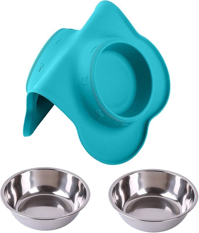 Hubulk Pet Dog Bowls 2 Stainless Steel Dog Bowl with No Spill Non-Skid Silicone Mat + Pet Food Scoop Water and Food Feeder Bowls for Feeding Small Medium Large Dogs Cats Puppies (Medium, Green)