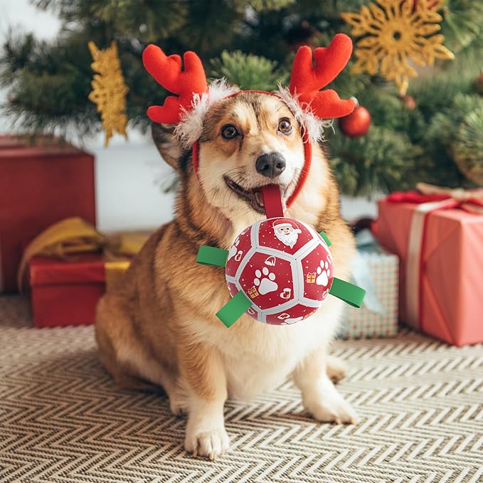 QDAN Christmas Dog Toys Soccer Ball with Straps, Outdoor Interactive Dog Toys for Tug of War, Puppy Birthday Gifts, Dog Tug Toy, Dog Water Toy, Durable Dog Balls for Small Dogs(5 Inch)