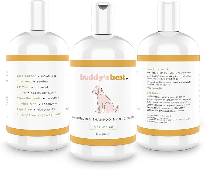 Buddy's Best Dog Gift Box for Holidays & Special Occasions - Pet Package with Odor Eradicator (32oz), Oral Care Gel (2oz), and Shampoo Bottles, Coconut Vanilla (16oz) & Ripe Melon (16oz)