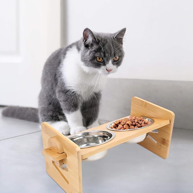 Raised Dog Bowl, Elevated Dog Bowls, Tilted Pet Food Water Bowl, Slanted Bamboo Feeding Station with Stainless Steel Bowls for Small & Medium Dogs, Cat Kitten Flat Faced French Bulldog Puppy Feeder