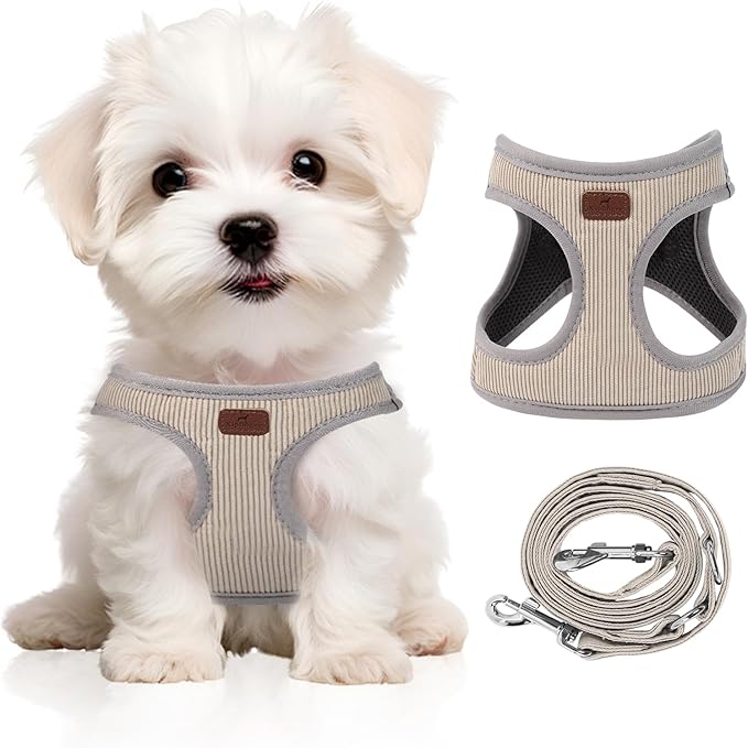 Dog Harness with Multifunction Dog Leash,No Pull Reflective Step-in Harness for Soft Adjustable No Choke Escape Proof,Easy Walk Dog Harness for Puppy,Small Dogs (Beige &Grey, XXS)