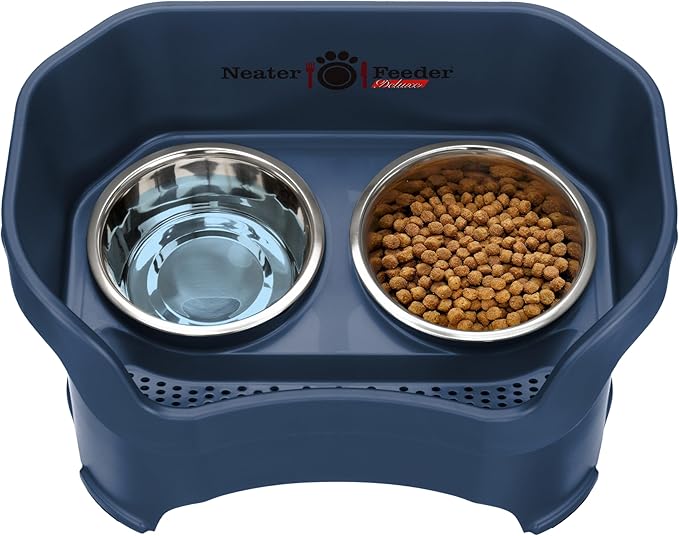 Neater Feeder Deluxe Mess Proof Dog Bowls Elevated for Large Breed – Made in USA – No Spill Raised Dog Food Bowl Stand – Stainless Steel Food and Water Bowl Set, Pet Dish Feeding Station, Dark Blue