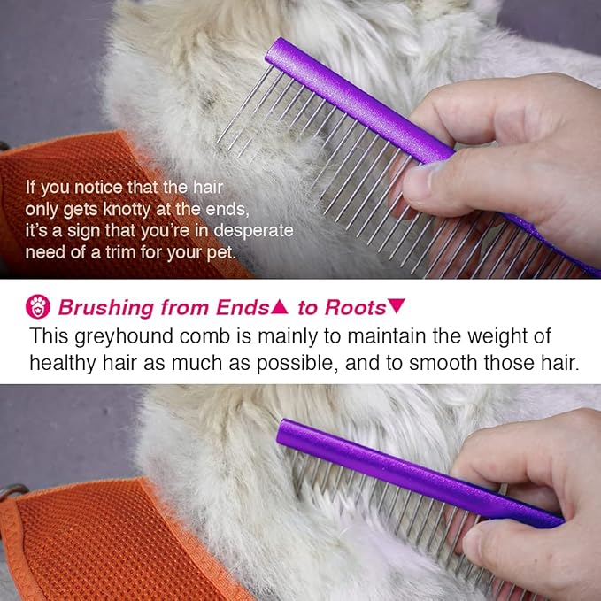 Greyhound Grooming Purple Comb for Dogs and Cats, Removing and Shedding Matted, Tangled Hair, Metal Oval Handle with Stainless Steel Pins