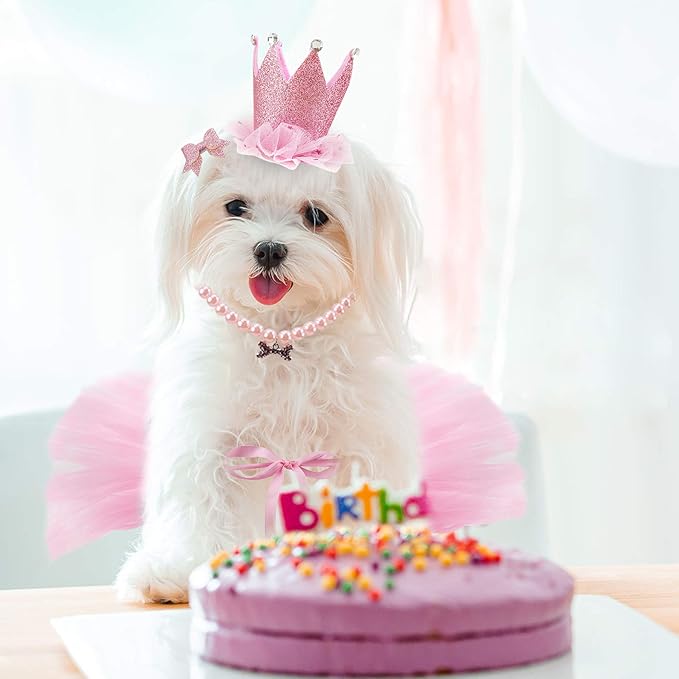 Dog Birthday Outfit Pink Tutu Dogs Birthday Party Supplies Dog Birthday Hat Necklace and Bowtie Hairpin for Dogs (16-23 inch Wrist)