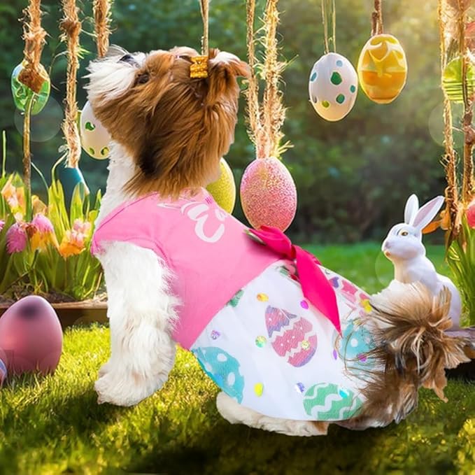 Cute Happy Easter Day Dog Dress Bunny Eggs Easter Dog Cat Clothes Pink Tulle Pet Doggie Apparel Outfit with Bowknot for Small Dogs Puppy Cat Girl Costume