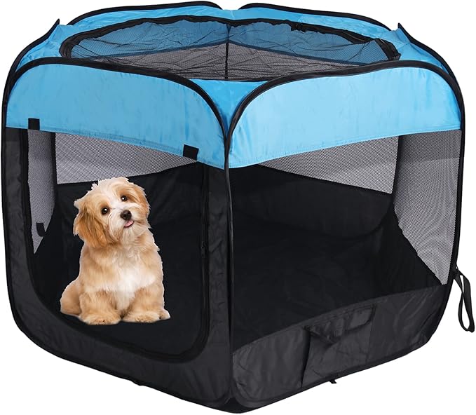Portable Dog Playpen Cat Tent,Pop Up Playpen for Small Middle Dogs Cats Pet Tent Playground, Indoor Outdoor,47x47x30,Blue/Black,1Pack