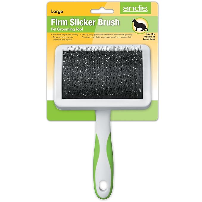 Andis 65710 Self-Cleaning Animal Slicker Brushes with Curved Stainless-Steel Bristles for All Breeds - Reduces Shedding by Up to 90%, Removes Tangles, Dirt & Loose Hair – Large, Green,Black