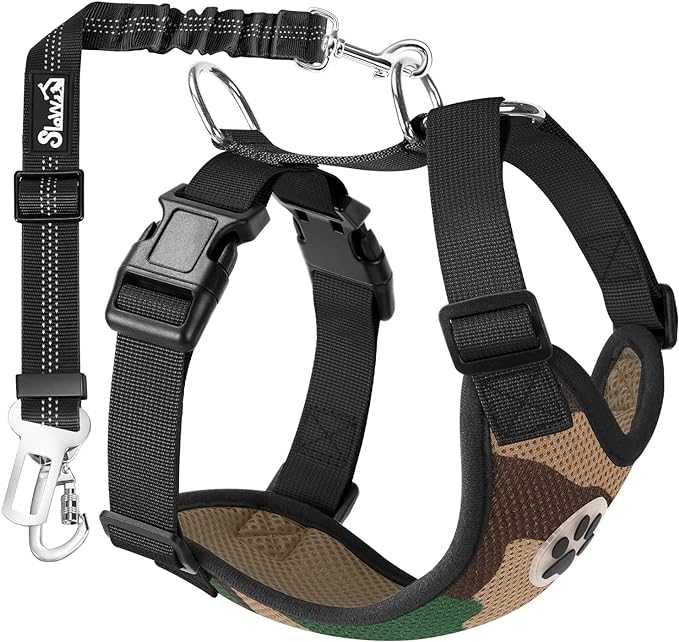 Lukovee Dog Seat Belt for Car, Adjustable Dog Car Harness for Large Medium Small Dogs, Soft Padded & Breathable Mesh Dog Seatbelt with Car Strap and Carabiner(Camouflage Double Clip,Large)