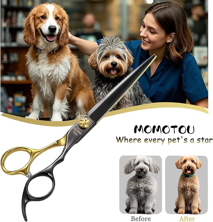 7.5'' Professional Straight Dog Grooming Scissors with Decorative Screw Sharp and Durable Black and Gold 440C Stainless Steel Dog Shears Easy Use for Groomers and Home user.