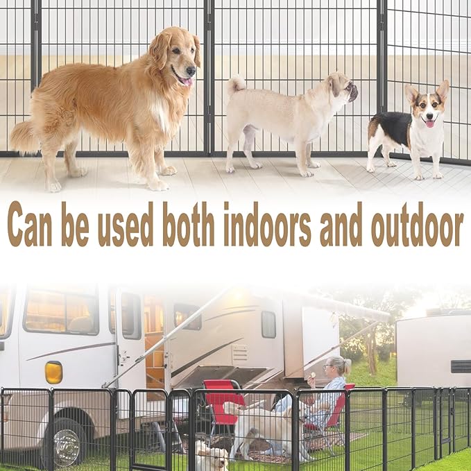 Dog Playpen,24 in(H) Pet Fence Outdoor for Rv Camping,Garden Fence Animal Barrie for Yard,Total 8 Panels with Gate 14.7Ft(L) Black Metal Temporary Fencing