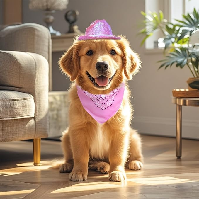 Pet Cowboy Costume Set Neon Sparkly Glitter Space Dog Cat Cowboy Hat Cap Bandana Scarf for Puppy Kitten Halloween Western Cosplay Party (Pink, Medium)