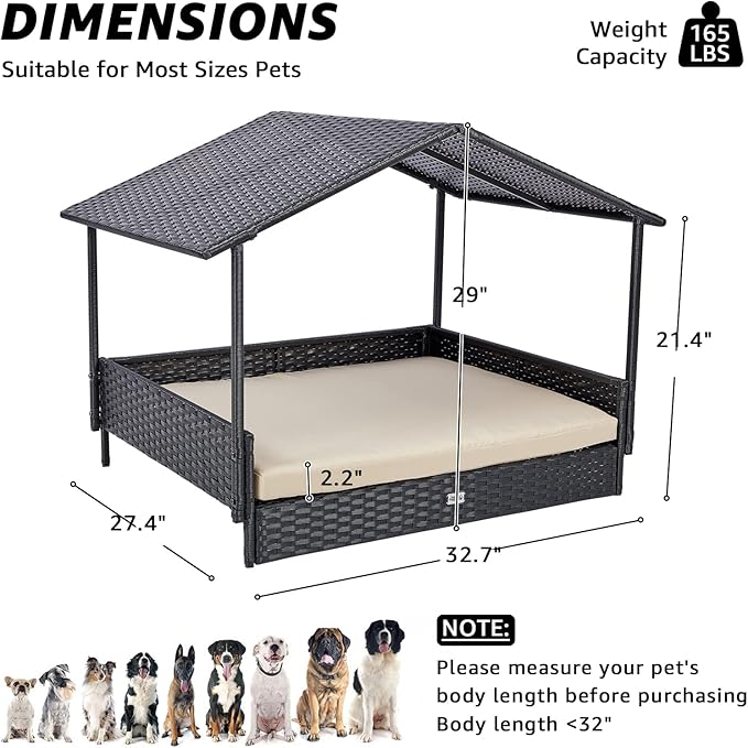 NATURAL EXPRESSIONS 2-in-1 Wicker Dog House,Elevated Dog Bed for Indoor/Outdoor with Removable Canopy,Large Dog House with Raised Pet Cot Cool, Breathable, Shade, waterrproof with Non-Slip Feet