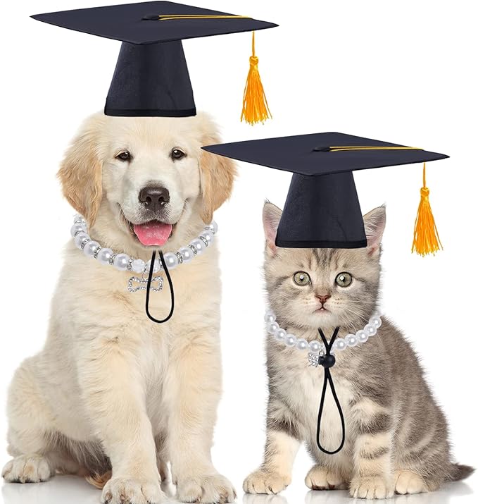 SUMERSHA 2Pcs Pet Graduation Caps Small Dogs Black Graduation Hats with Yellow Tassel Pet Graduation Costume for Puppy Dogs Cats Party Outfits Accessories