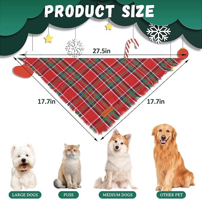 Merry Christmas Dog Bandanas with Tassels Edges Classic Stylish Plaid 2 Pack Christmas Xmas Dogs Bandana Pet Scarf Bibs Pet Scaf Christmas for Small Medium Large Dog Pets