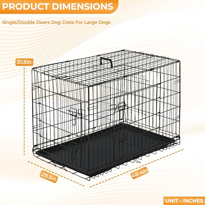 PayLessHere Large Dog Crate Kennel for Medium Large Dogs Metal Dog Cage Double-Door Folding Travel Indoor Outdoor Puppy Playpen with Divider and Handle Plastic Tray (48 Inch, Black)