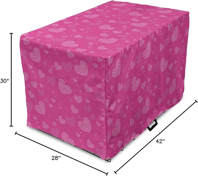 Lunarable Love Dog Crate Cover, Romantic Theme Abstract Heart Shapes Valentines Day 14th February Design, Easy to Use Pet Kennel Cover for Medium Large Dogs, 42 Inch, Hot Pink