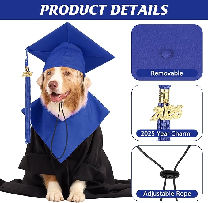 Pet Graduation Cap Small Dog Graduation Hats with 2025 Tassel Pet Graduation Costume for Dogs Cats Photo Prop Holiday Costume Accessory(Blue)