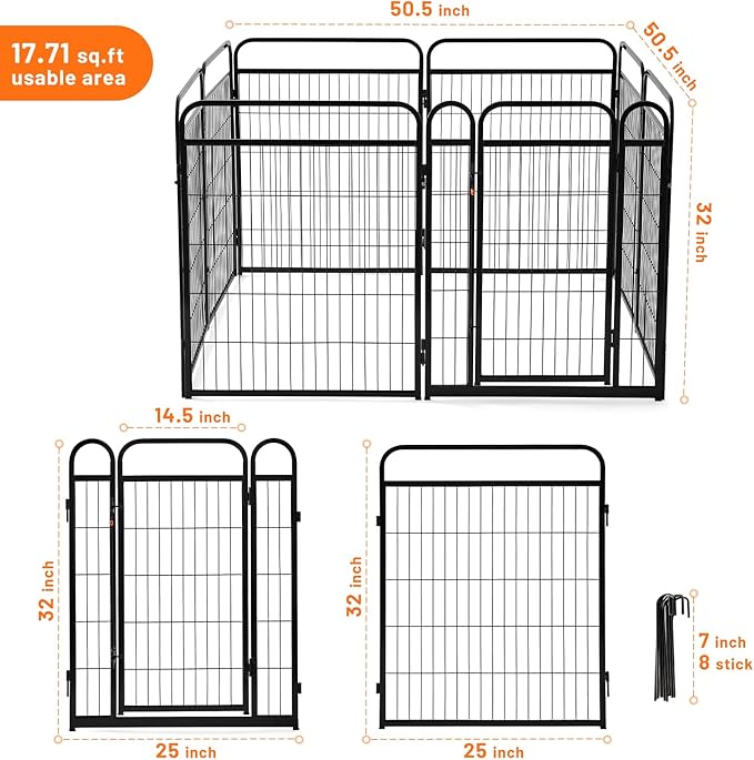 Dog Play Pen Indoors - 8 Panels 32" Playpens Indoor Safety Design Without Stakes, Threshold Free Door Ease to Access, Portable Fence Ground Anchors for Outdoor, Yard and RV Camping