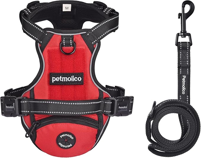No Pull Dog Harness Medium Reflective Front Clip Vest with Pocket, Adjustable 2 Metal Rings 2 Buckles Easy to Wear & Take Off (Red)