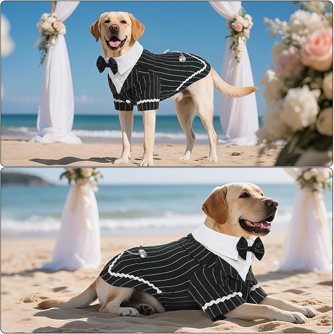 DENTRUN Dog Tuxedo Suit with Bow Tie - Formal Black & White Striped Pet Costume Shirt, Elegant Wedding Outfit Birthday Party Attire for Golden Retriever Husky Border Collie Large Dogs, XXL