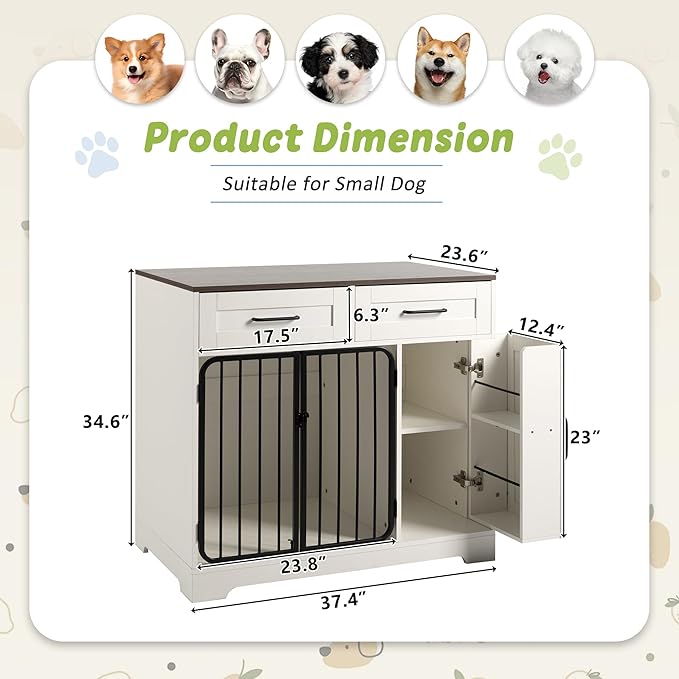 Merax Farmhouse 37.4 Inch Dog Crate Furniture with Storage Cabinet & 2 Drawers, Wooden Dogs Kennel End Table with Double Doors, Indoor Dog House for Small, Medium Dogs up to 40 Lbs, Brown+White