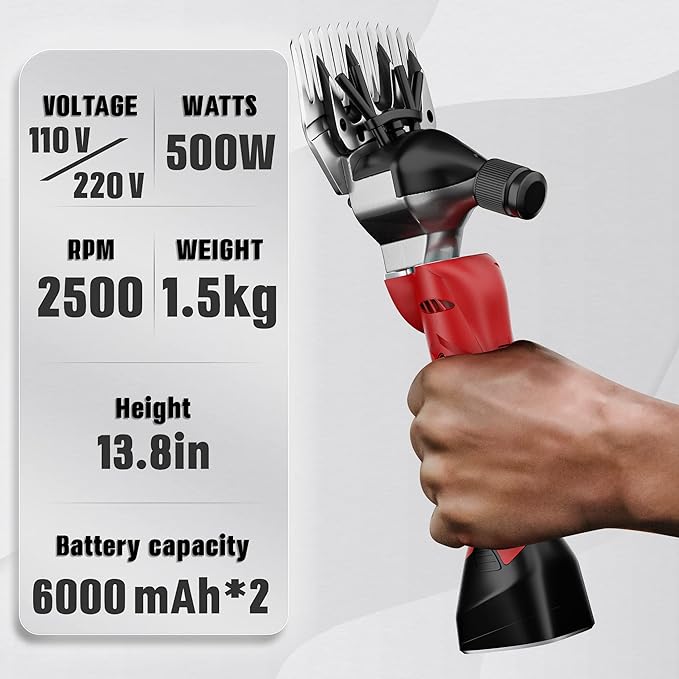 500W Cordless Sheep Shears, Professional Electric Sheep Shearing Clippers with 2 PCS Rechargeable 2 Ah Lithium Battery, Heavy Duty Animal Clippers for Alpacas Goats Cattle Farm Livestock Pet