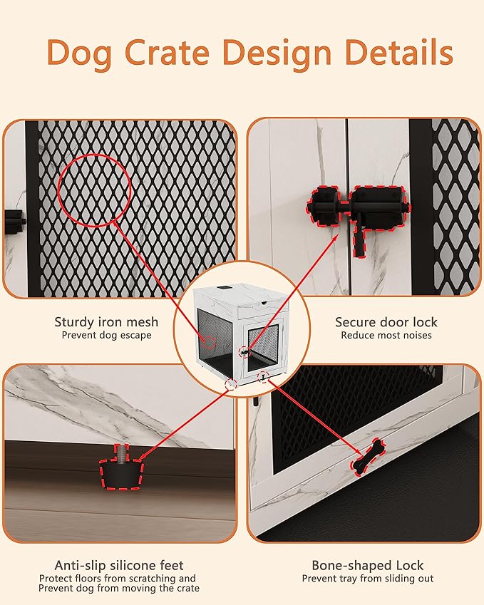 Piskyet Dog Crate Furniture,Wooden Dog Crate End Table with Storage Drawer&Cushion&Tray, QC3.0 Wireless Charging,Dual USB,Small Dogs Marble White