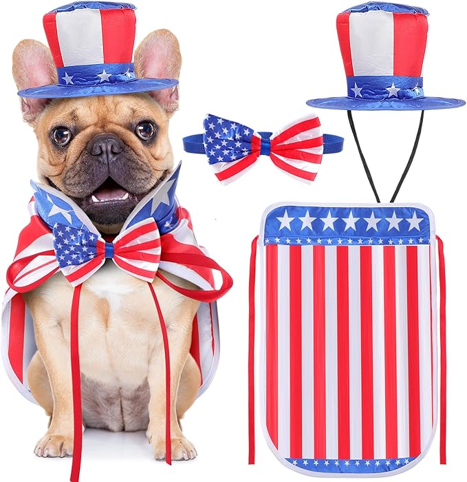 JaGely 3 Pcs Dog 4th of July Outfit Independence Day Costume Set Includes Dog Top Hat, American Flag Bow Tie Collar and American Flag Cape Pet Clothes for Dogs Puppy Cats Kitten(S)