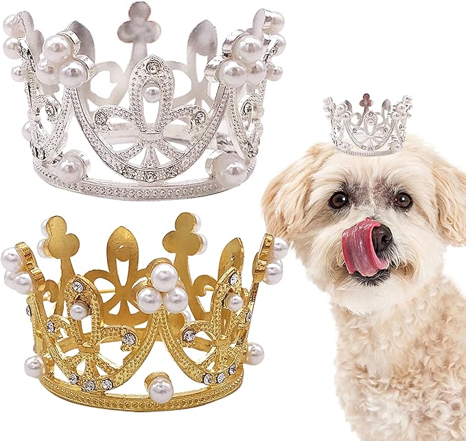 PET SHOW 2pcs Small Dog Crown Headband Puppies Rabbit Cat Hat for Birthday Party Silver Gold Rhinestone Faux Pearl Crown for Boy Girl Wedding Hair Accessories Photo Prop Costume