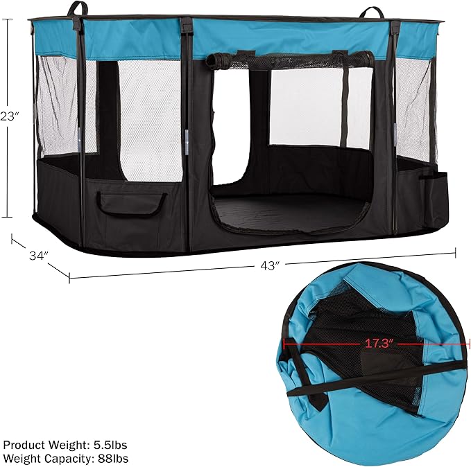 Dog Playpen - 43x34x23 Inch Puppy Kennel with Mesh Windows, Zippered Doors, and Storage Pockets - Portable Dog Play Pen Indoors/Outdoors for Small Animals by PETMAKER (Blue)