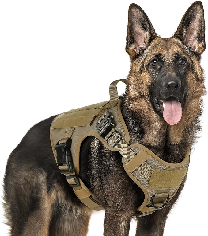 rabbitgoo Tactical Dog Harness for Large Dogs, Heavy Duty Dog Harness with Handle, No-Pull Service Dog Vest Large Breed, Adjustable Military Dog Vest Harness for Training Hunting Walking, Brown, XL
