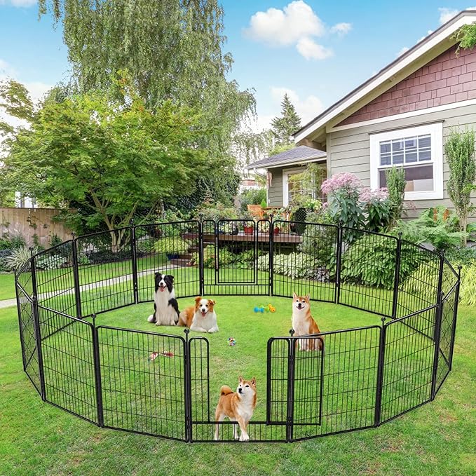 Dog Playpen 32 inch 16 Panels Indoor Outdoor Dog Pen for Medium/Small Dogs Heavy Duty Metal Dog Fence Outdoor for Yard, Puppy Playpen with Door Portable Pet Fence for RV Camping Yard