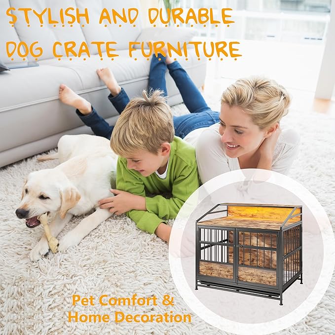 Dog Crate Furniture with Led Lights,Heavy Duty Wooden Dog Kennel with Double Doors,Dog House Indoor for Small Medium Dogs,End Table with Shelves,Black and Brown(34.65" L×24.02W×31.5" H)